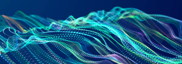 istock Beautiful curved wave on a dark background. Digital technology background. Concept of network. 3D 1390844954