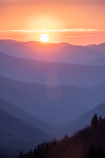 Light Lens Flair Over Great Smoky Mountains At Sun Rise along Newfound Gap Road