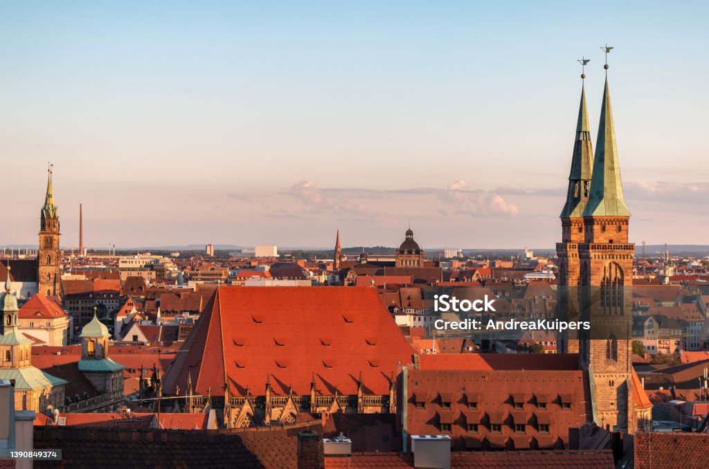 City view of Nuremberg, Germany Cityscape of Nuremberg, in Bavaria, Germany. The skyline includes the distinctive towers of St. Lorenz Church. Nuremberg Stock Photo