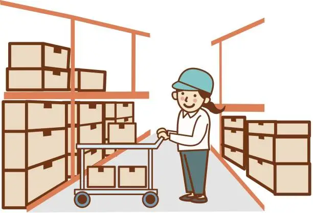 Vector illustration of A female worker who carries luggage on a dolly in a warehouse.