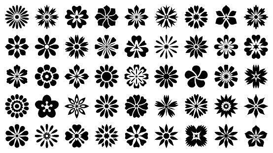 Set of decorative flowers. Geometric icon set. Vector design elements on white background