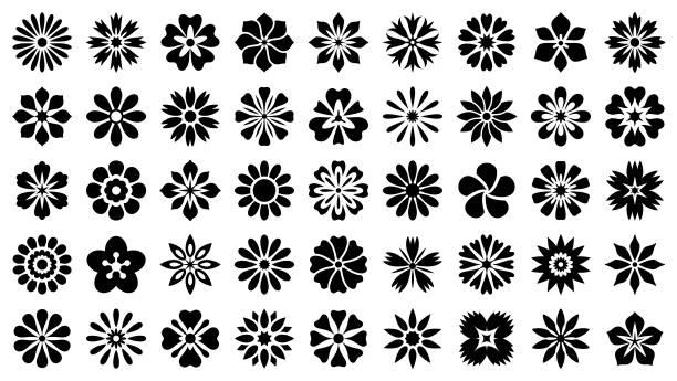 Flower icon set Set of decorative flowers. Geometric icon set. Vector design elements on white background flower stock illustrations