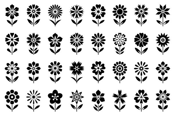 Flower icon set Set of decorative flowers. Geometric icon set. Vector design elements on white background weed stamp stock illustrations