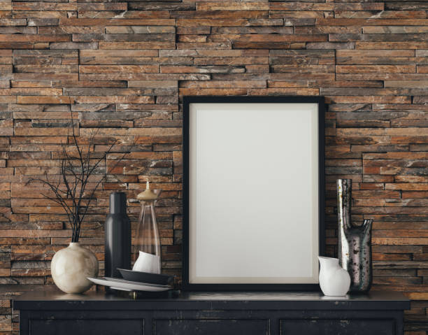 istock Single poster frame on an interior room dresser with decorative accessories on it, 3d Rendering 1390852638