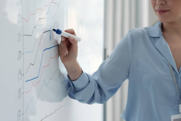 istock Hand of young female speaker with blue highlighter pointing at graph 1390852846