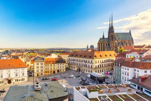 Cathedral of St Peter and Paul in Brno, Moravia, Czech Republic with town square during sunny day. Famous landmark in South Moravia