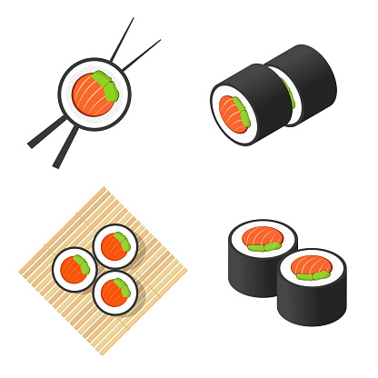 Sushi maki roll set vector with salmon, avocado and food chopsticks on bamboo plate illustration isometric and flat food logo top view isolated on white image clipart