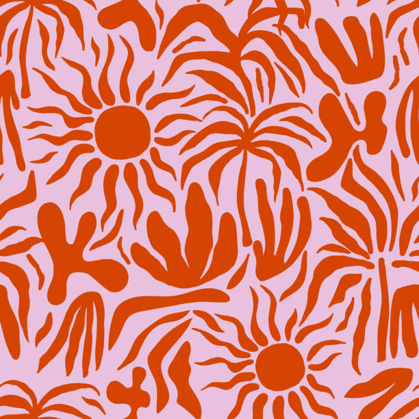 ilustraciones, imágenes clip art, dibujos animados e iconos de stock de patrón abstracto sin costuras con sol, palmera, hojas. textura de atardecer de verano. ilustración vectorial - seamless pattern floral pattern flower