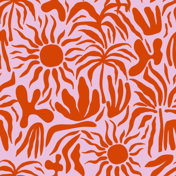 бесшовный абстрактный узор с солнцем, пальмой, листьями. текстура летнего заката. векторная иллюстрация - pattern flower floral pattern retro revival stock illustrations
