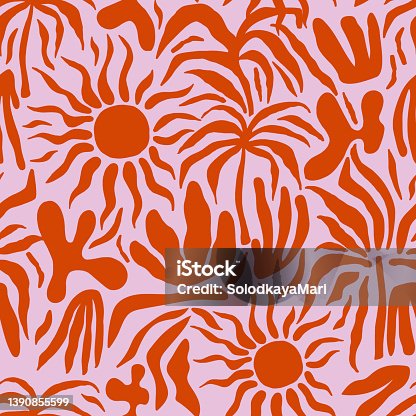 istock Seamless abstract pattern with sun, palm tree, leaves. Summer sunset texture. Vector illustration 1390855599
