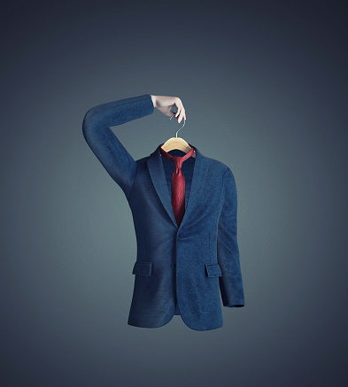 Holds himself by business suit. Mindfulness and creativity concept. This is a 3d render illustration