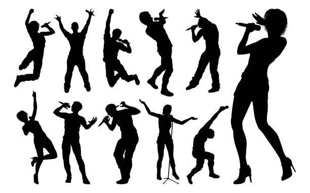 Singers Pop Country Rock Hiphop Star Silhouettes High quality silhouette singers . Pop, country music, rock stars and hiphop rapper artist vocalists microphone silhouettes stock illustrations