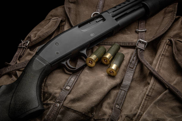 istock A black 12-gauge pump-action shotgun and ammo are on a canvas backpack. A smooth-bore weapon with a plastic stock. Dark background. 1390857896