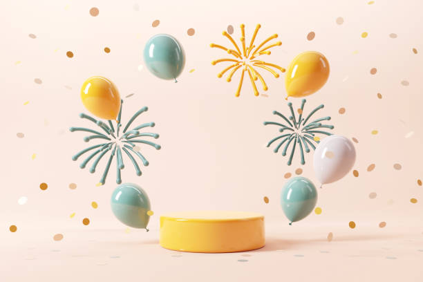 Podium with fireworks and falling shiny confetti and balloon on white background, Copy space.