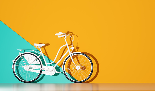 White bicycle on colorful wall background. 3D illustration