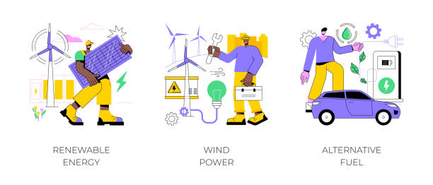 illustrations, cliparts, dessins animés et icônes de illustrations abstraites de vecteur de concept d’énergie propre. - engineer wind turbine alternative energy energy