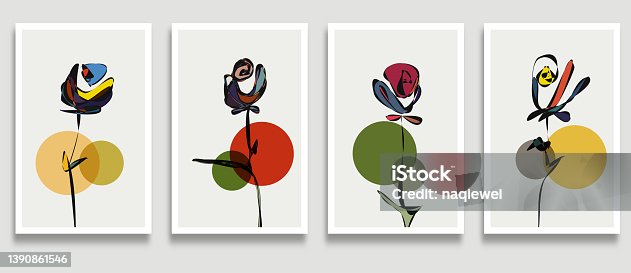 istock Vector set of creative minimalist hand drawn colorful rose illustrations for wall decoration brochure cover design banner background collection 1390861546
