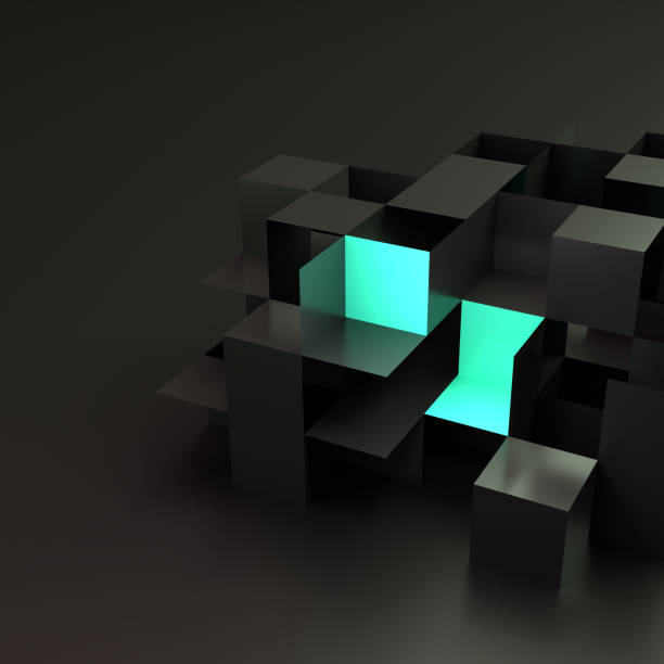 абстрактные черные ящики нагромождены. некоторые поверхности удалены. некоторые поверхности окрашены в бирюзово-зеленый цвет. - block stack stacking cube стоковые фото и изображения
