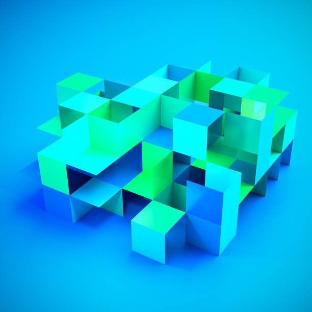 Abstract blue and green boxes piled up. Some surfaces removed.