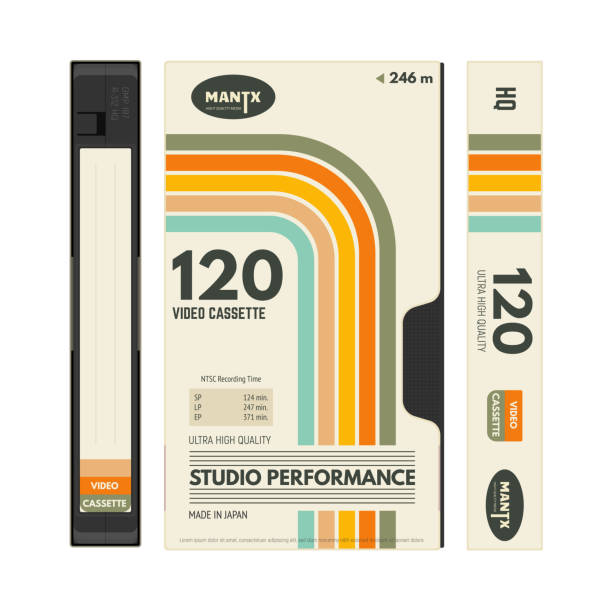 Retro style VHS video cassettes front view with label and cover, cover side view. Empty labels with lines for text. Magnetic cassette label fantasy 90s cover design. Vector illustration with opacity.