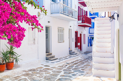 Mykonos old town cozy narrow street with blue staircases, white houses and bougainvillea flower. Mykonos island, Greece.
