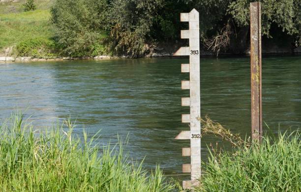 Depth marker or indicator for observation of hydrologic situation in a river. It is placed in river Limmat, canton Zurich in Switzerland.