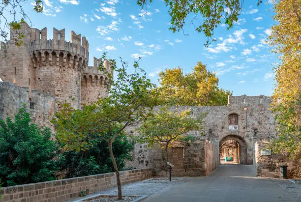 Photo of The Gate of Saint Antony and the tower of Saint Mary in the entrance of the medieval ton of Rhodes, Greece.