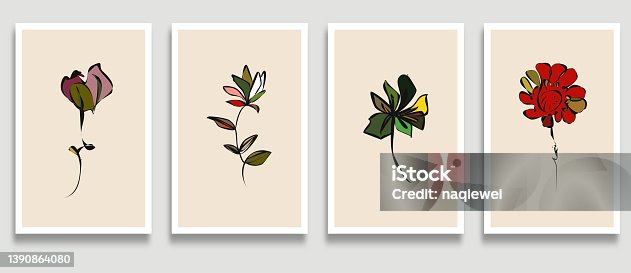 istock Vector set of creative colors minimalist hand drawn foliage flower illustrations for wall decoration postcard or brochure cover card banner background collection 1390864080