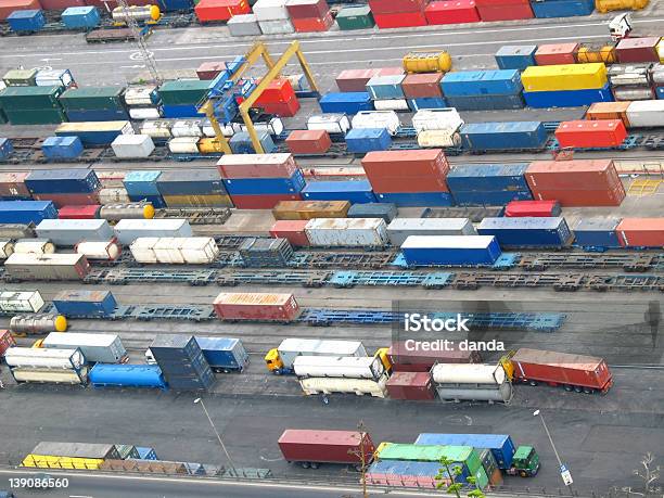 Aerial View Of Colored Lorries And Containers Stock Photo - Download Image Now - Business, Cargo Container, Commercial Dock