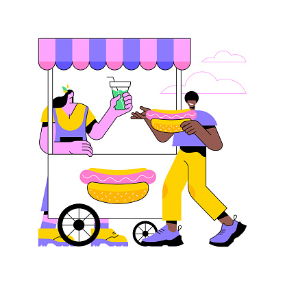 Street food abstract concept vector illustration. City food truck, public place, market and fair, quick snack, try new taste, travel guide, original recipe, public health abstract metaphor.