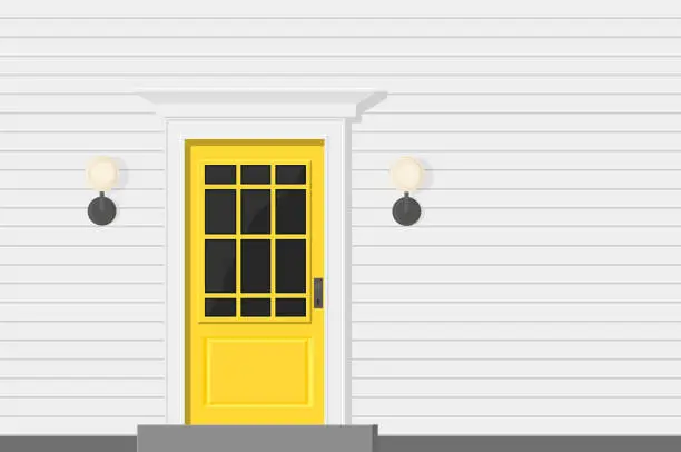 Vector illustration of yellow door of a new house made of white wooden walls and a ladder
