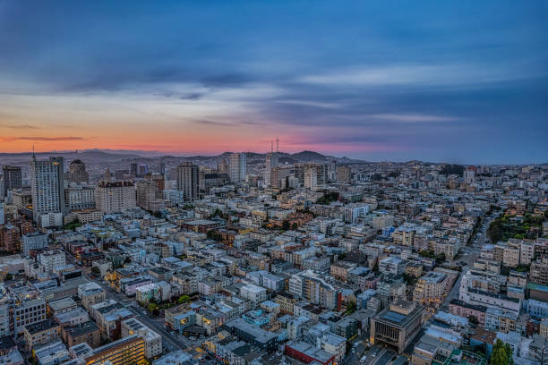 aerial sunrise above russian hill - nob hill imagens e fotografias de stock