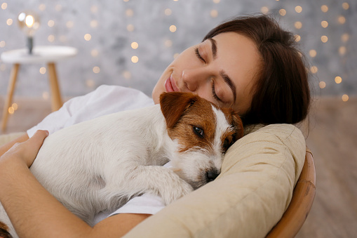 Portrait of young beautiful woman lying on a papasan chair with her adorable wire haired Jack Russel terrier puppy. Loving girl with rough coated pup having a nap. Background, close up, copy space.