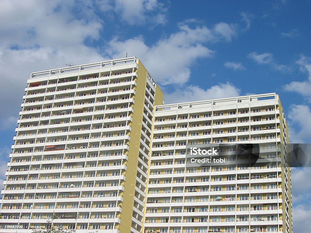 platte I partment building made from prefabricated cement-slabs - a 60's tower block in former eastern germany Apartment Stock Photo