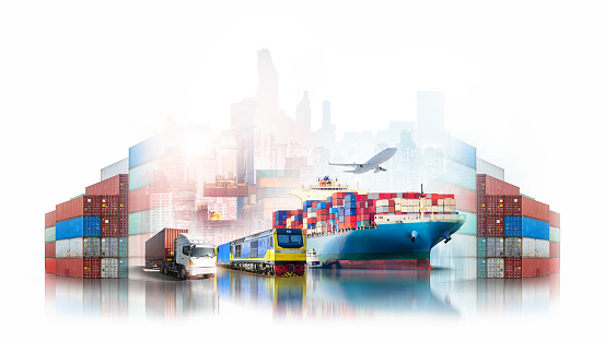 Global logistics transportation import export of containers cargo ship, freight train and airplane with red container truck at port shipping dock yard on city white background with copy space