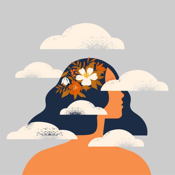 The concept of a step into the unknown future. The head of a woman in the clouds. vector art illustration