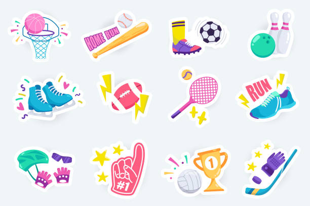 ilustraciones, imágenes clip art, dibujos animados e iconos de stock de pegatinas deportivas lindas en un diseño plano de dibujos animados. paquete de baloncesto, béisbol, fútbol, bolos, patinaje, tenis, correr, ciclismo y otros. ilustración vectorial para plantilla de planificador u organizador - racket sport