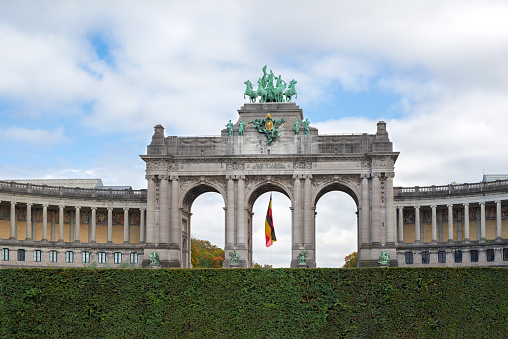 View of the Triumphal Arch (Cinquantenaire Arch) in the Jubilee Park, Brussels Belgium