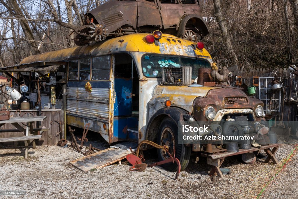 Old rusty school bus Transport School Bus Stock Photo