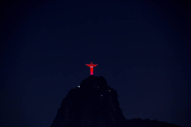 christ the redeemer illuminated in Rio de Janeiro, Brazil stock photo