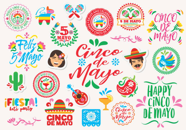 Cinco de Mayo labels and icons collection Vector assortment of lettering greetings, labels, stickers, and icons for the Cinco de Mayo holiday. Vector labels, stickers, and designs on Mexican culture. mexican ethnicity stock illustrations