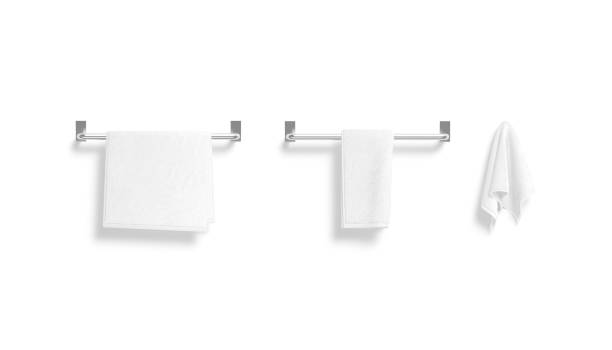 istock Blank white towel hanging on heated rail and hook mockup 1390877452