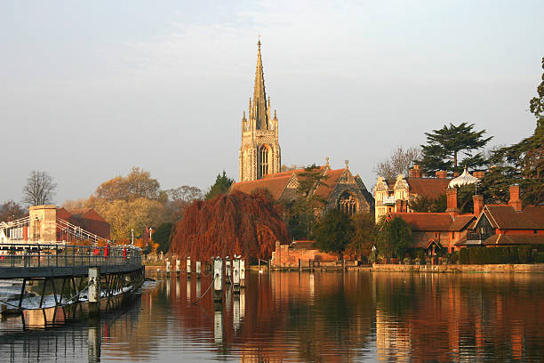 Church on the River Thames All Saints Marlow Church on the river thames with the weir on the left. essex england photos stock pictures, royalty-free photos & images