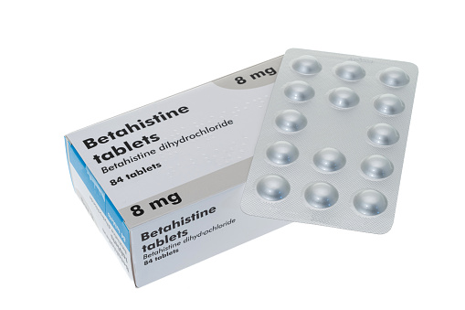 A generic box of Betahistine pills - white baackground.   It is commonly prescribed for balance disorders or to alleviate vertigo symptoms, e.g. those associated with Ménière's disease.