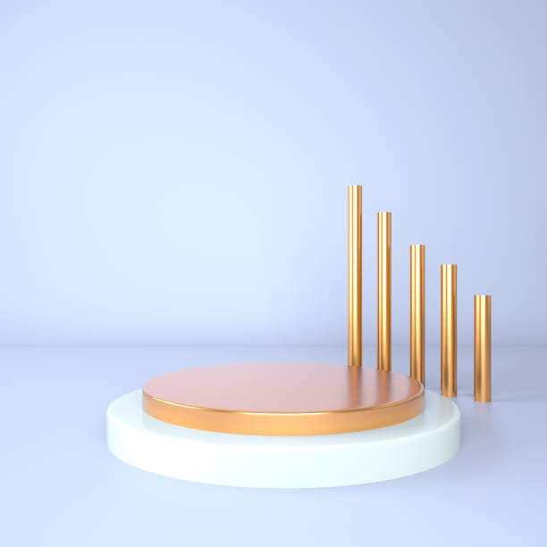 istock 3d rendering studio with geometric shapes, podium on the floor. Platforms for product presentation, mock up background. 1390879979