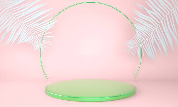 istock Product display podium decorated with leaves on pastel background, 3d illustration 1390880011