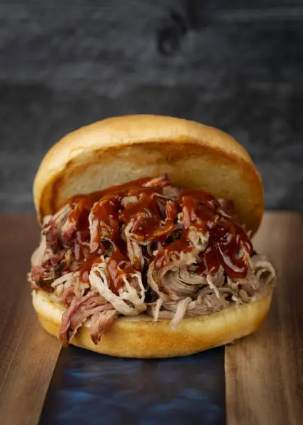 Close up of a pulled pork BBQ sandwich
