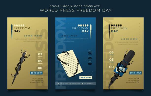 Set of social media post template with notepad, pen, and microphone for press freedom day Set of social media post template with notepad, pen, and microphone for press freedom day design free report cover templates backgrounds stock illustrations