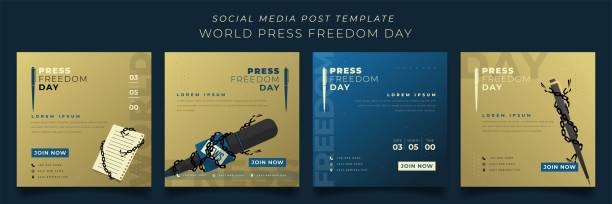Set of social media post template in gold and blue square background for world press freedom day Set of social media template in gold and blue square background for world press freedom day design free report cover templates backgrounds stock illustrations