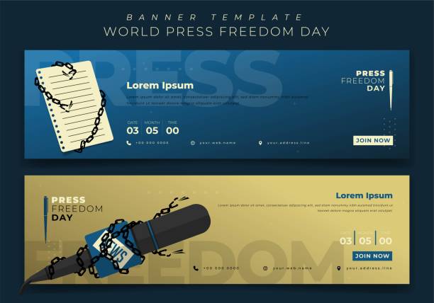 Banner template design in gold and blue landscape background for world press freedom day Banner template design in gold and blue landscape background for world press freedom day design free report cover templates backgrounds stock illustrations